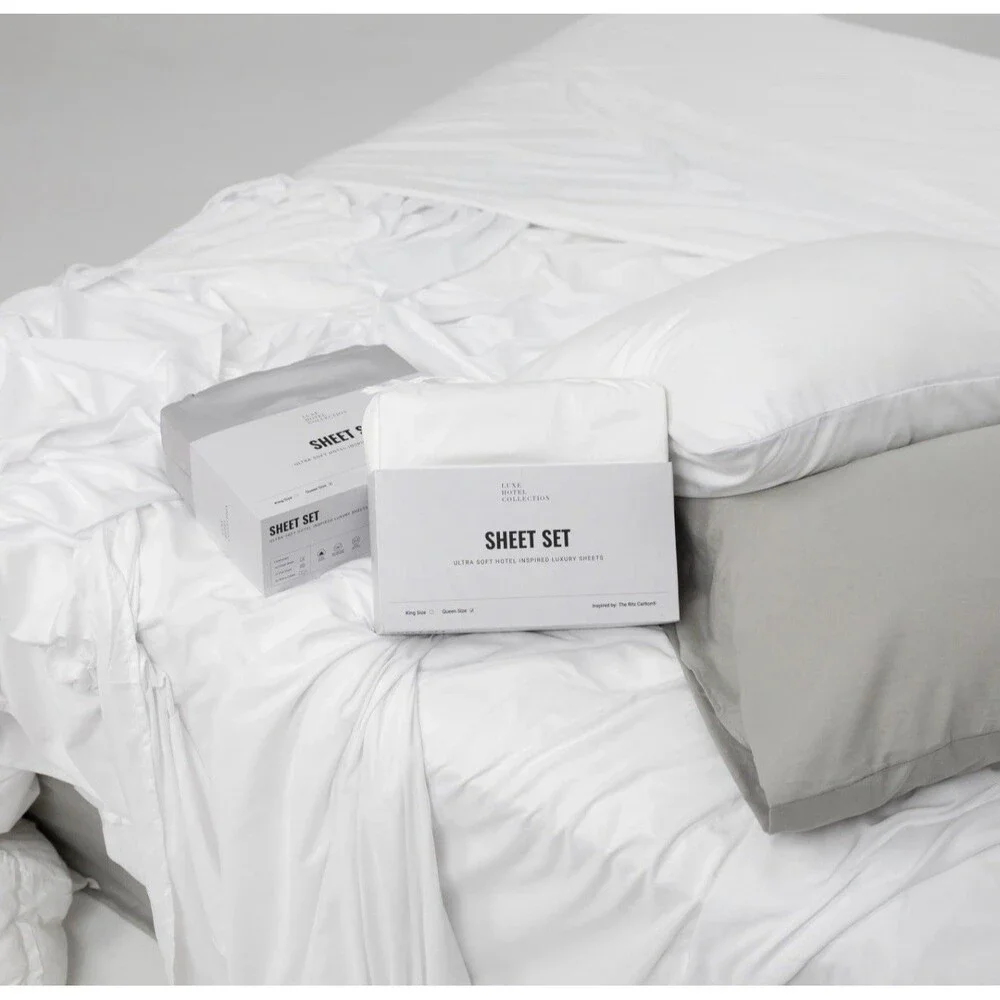 Luxe Hotel Collection Sateen Cotton Retreat Sheet Set Queen White NEW $289 MSRP
